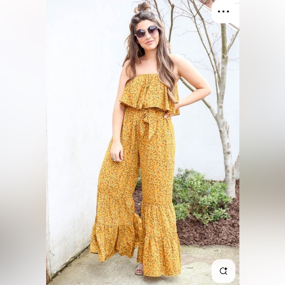 Umgee Mustard Yellow Off Shoulder Ruffled Floral Jumpsuit, Women’s Sz S